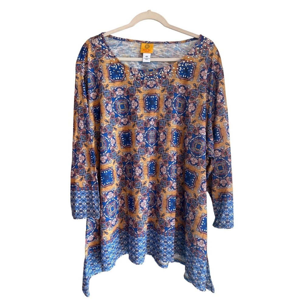 Ruby Rd 4X Sequin Neckline Sublimation Print Blouse Easy Wear Stylish Chic Light